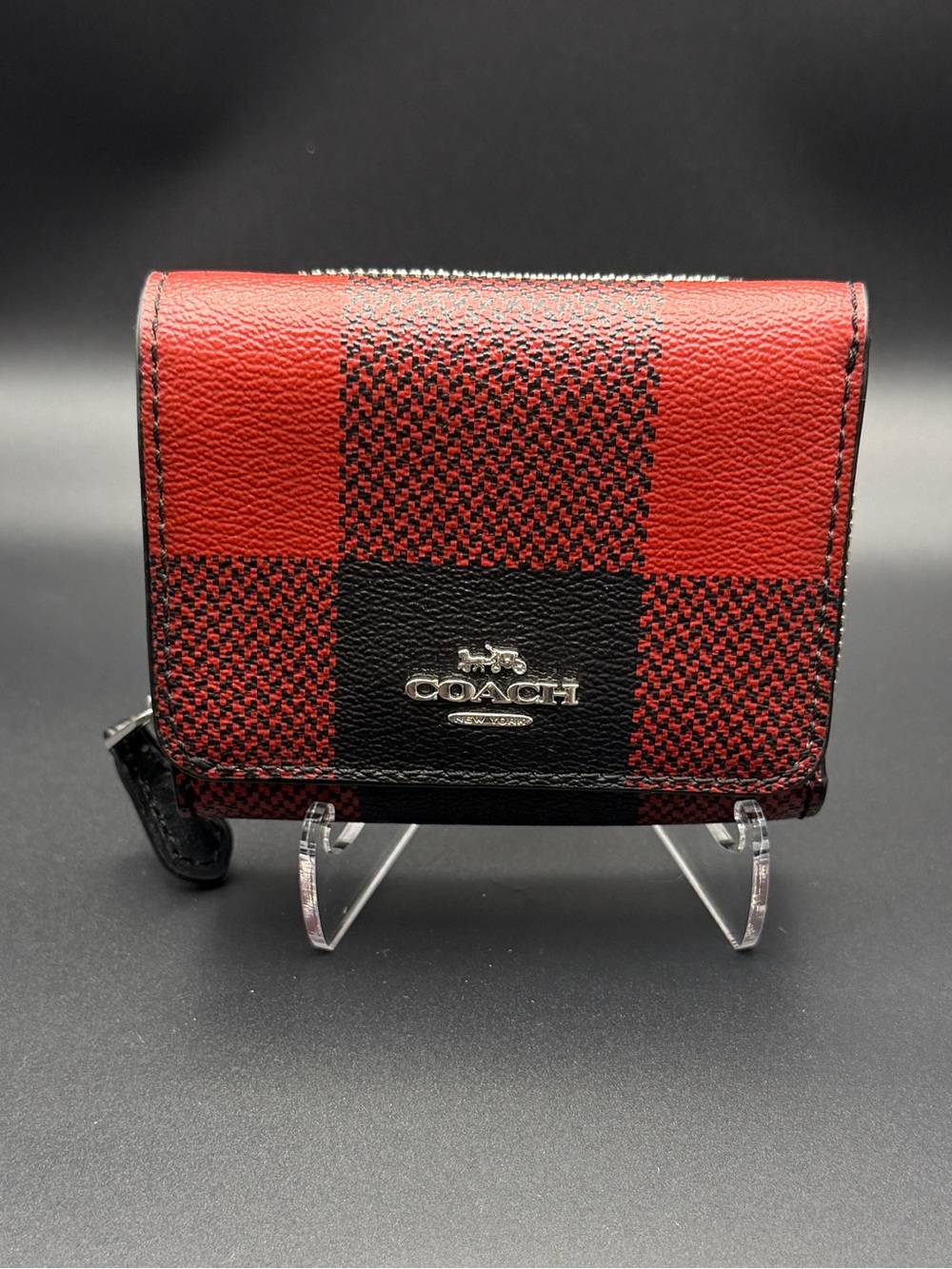 Coach Red and Black Check Leather Card Case